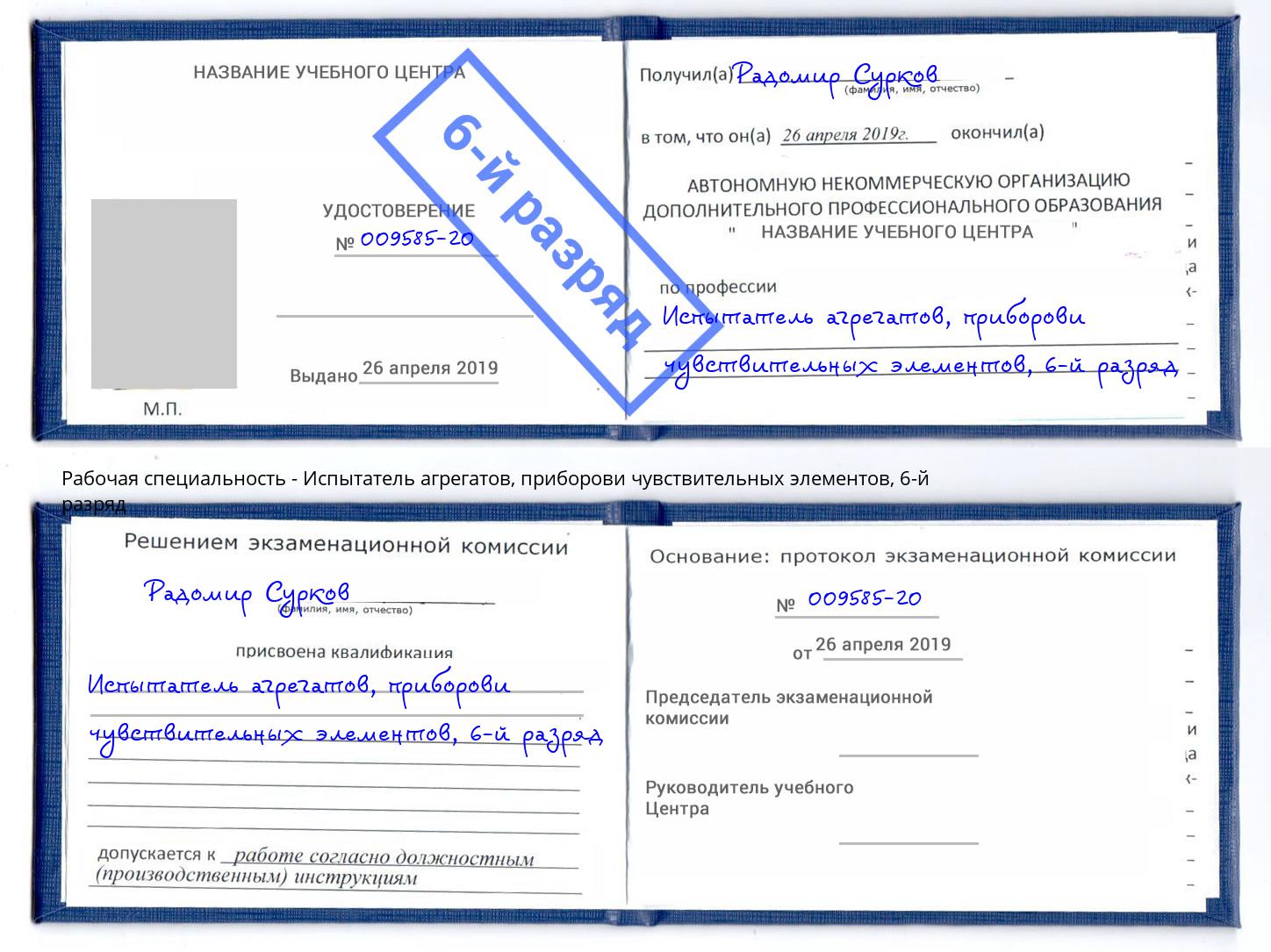 корочка 6-й разряд Испытатель агрегатов, приборови чувствительных элементов Ярцево