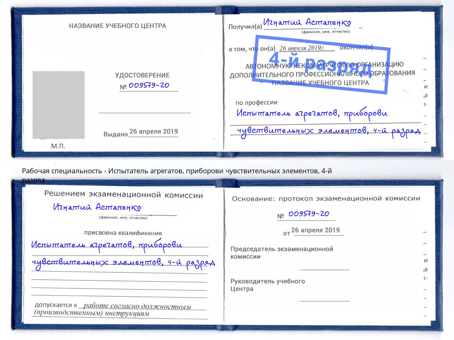 корочка 4-й разряд Испытатель агрегатов, приборови чувствительных элементов Ярцево
