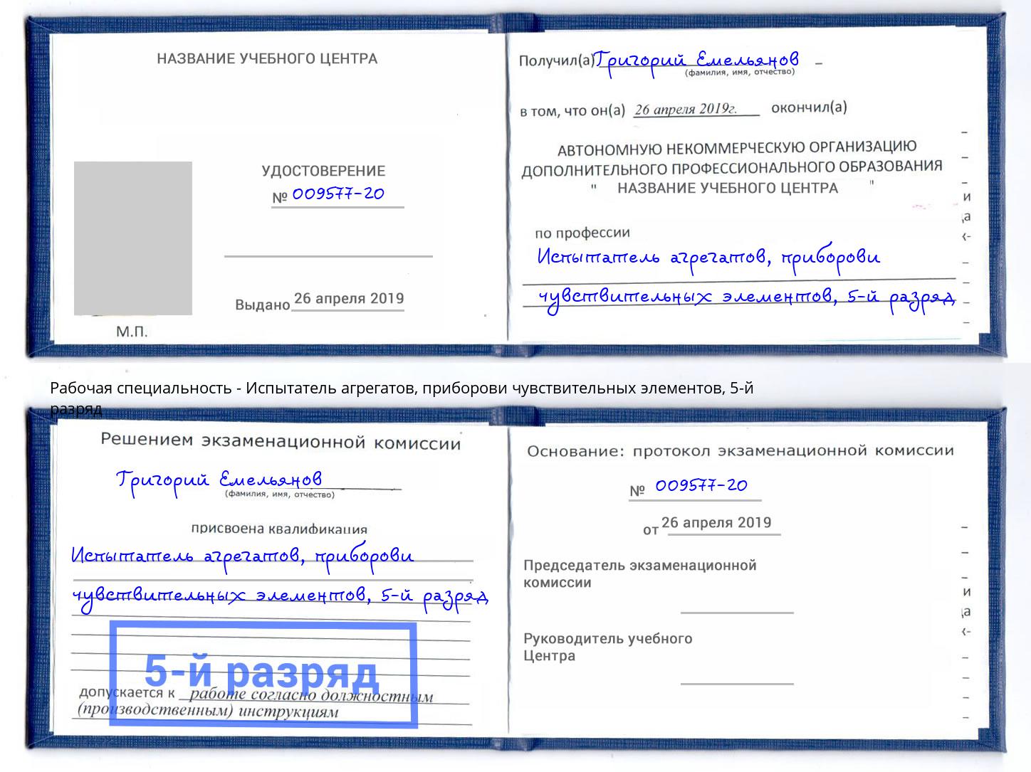 корочка 5-й разряд Испытатель агрегатов, приборови чувствительных элементов Ярцево