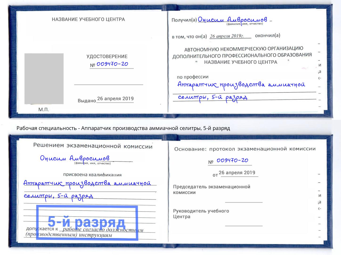 корочка 5-й разряд Аппаратчик производства аммиачной селитры Ярцево