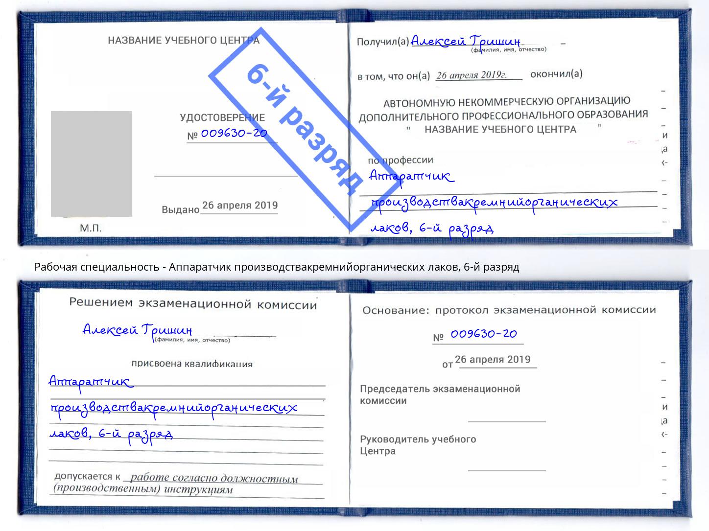 корочка 6-й разряд Аппаратчик производствакремнийорганических лаков Ярцево