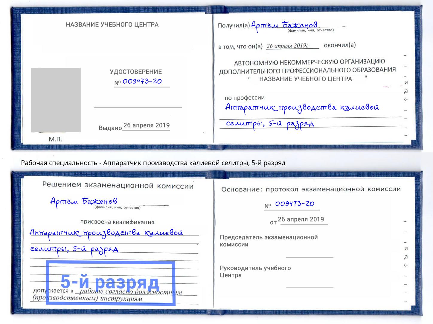 корочка 5-й разряд Аппаратчик производства калиевой селитры Ярцево