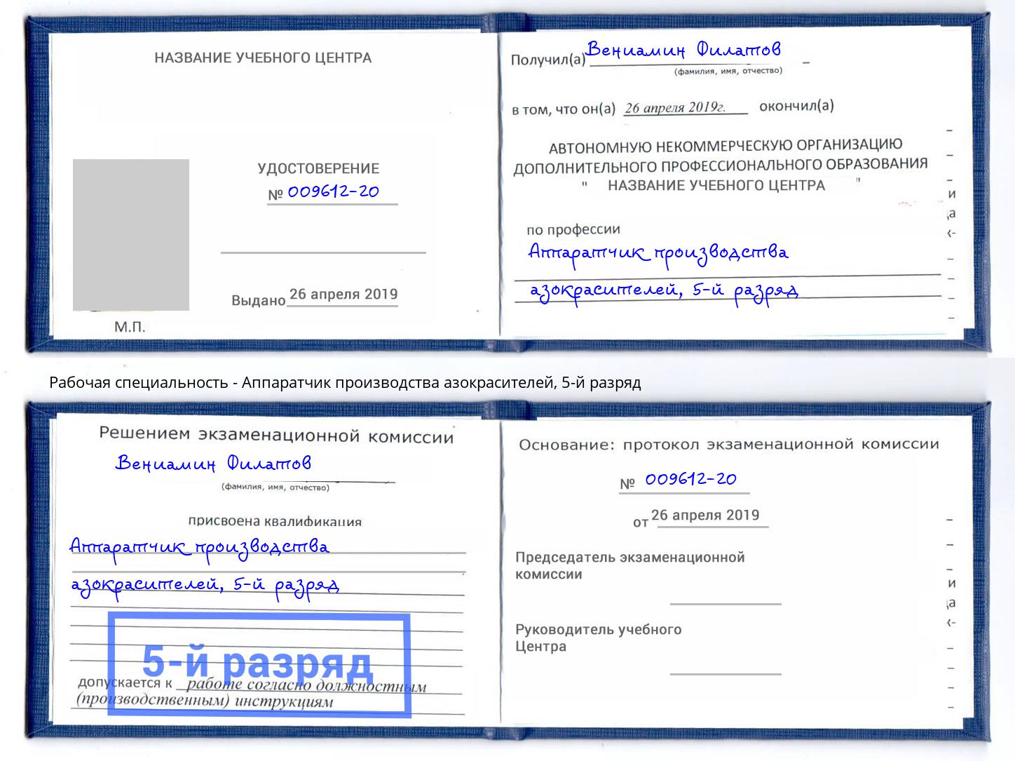 корочка 5-й разряд Аппаратчик производства азокрасителей Ярцево