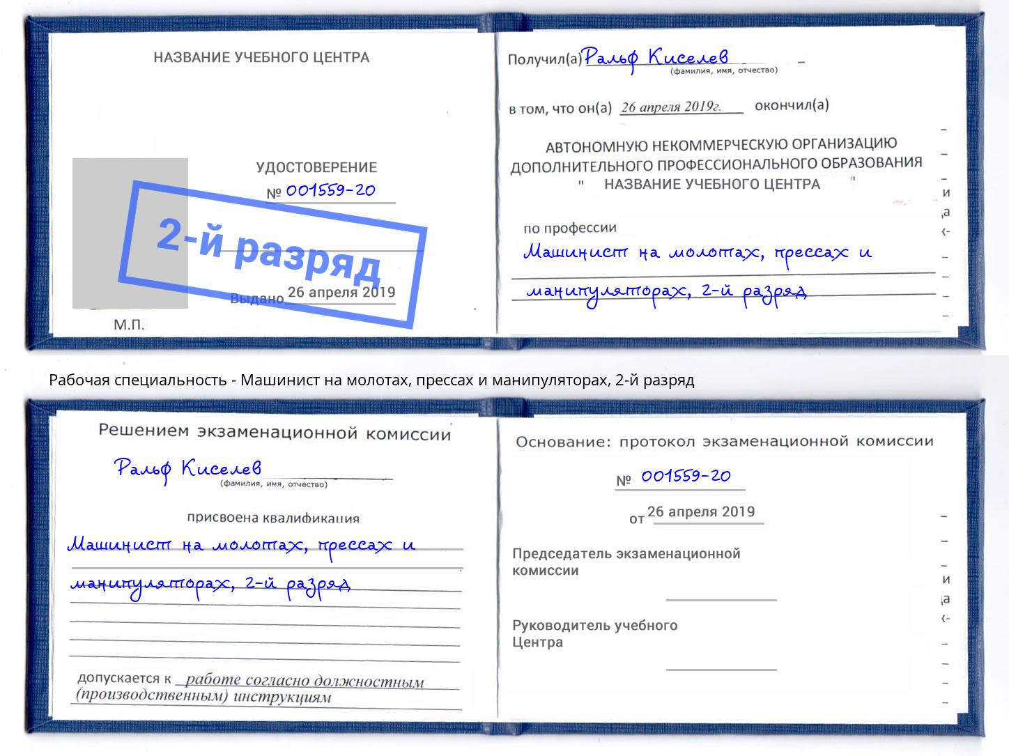 корочка 2-й разряд Машинист на молотах, прессах и манипуляторах Ярцево