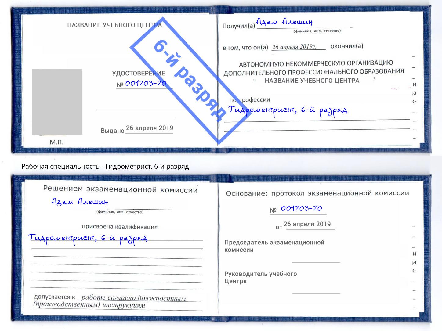 корочка 6-й разряд Гидрометрист Ярцево
